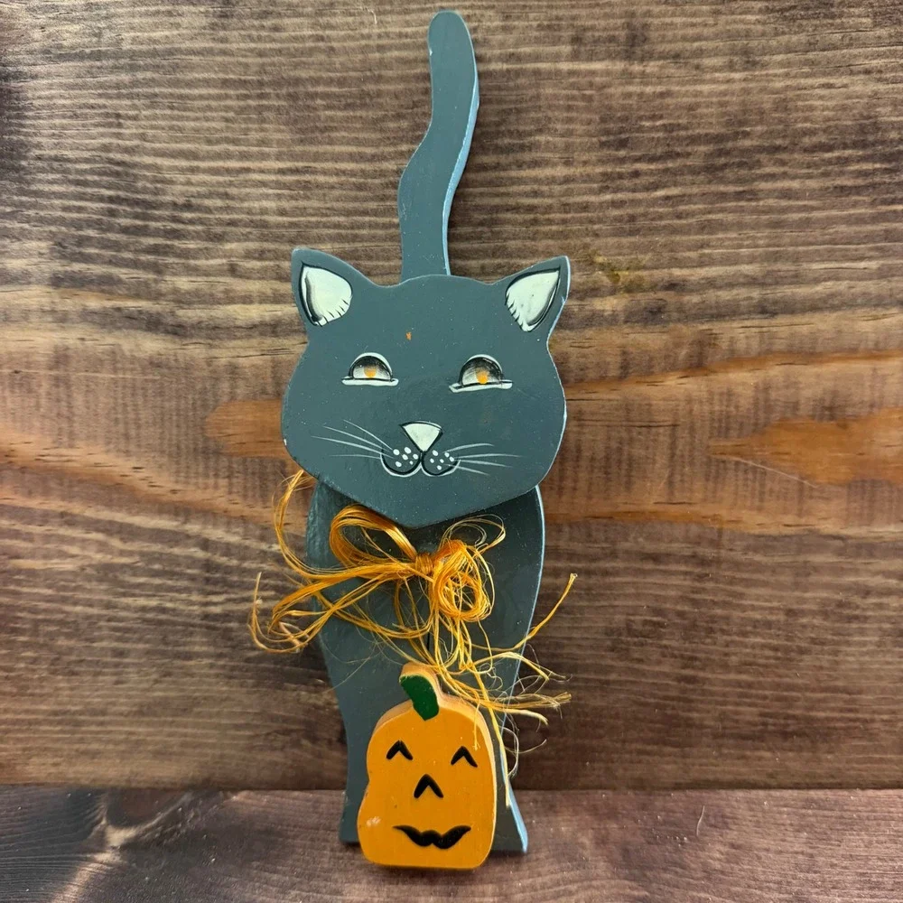 Vintage 1995 Pumpkin Hollow Wooden Black Cat Shelf Sitter Halloween Decor Grey